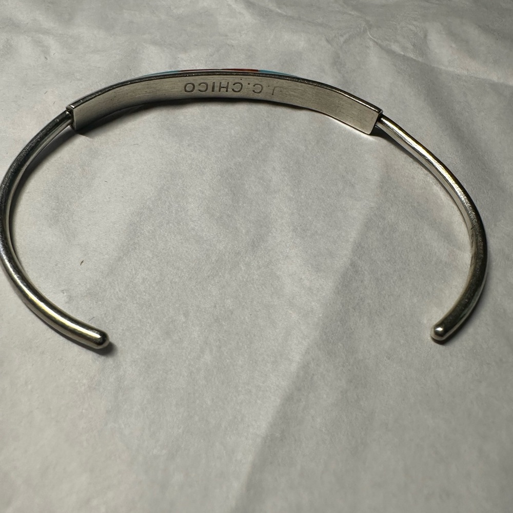 Vintage handmade Native American Zuni inlaid turquoise silver cuff bracelet - Picture 3 of 12